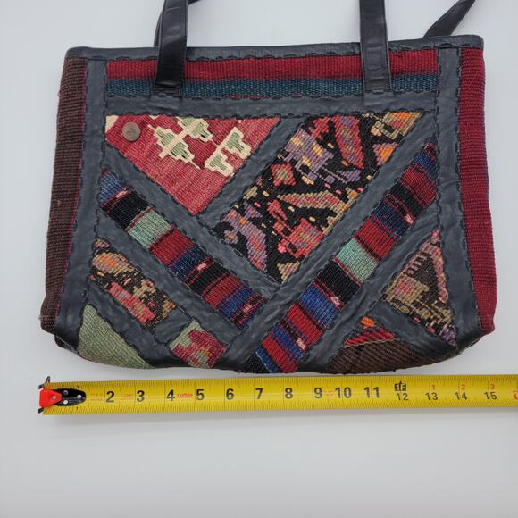70s Vintage Boho Leather and Wool Carpet Bag Tote - Picture 9 of 10